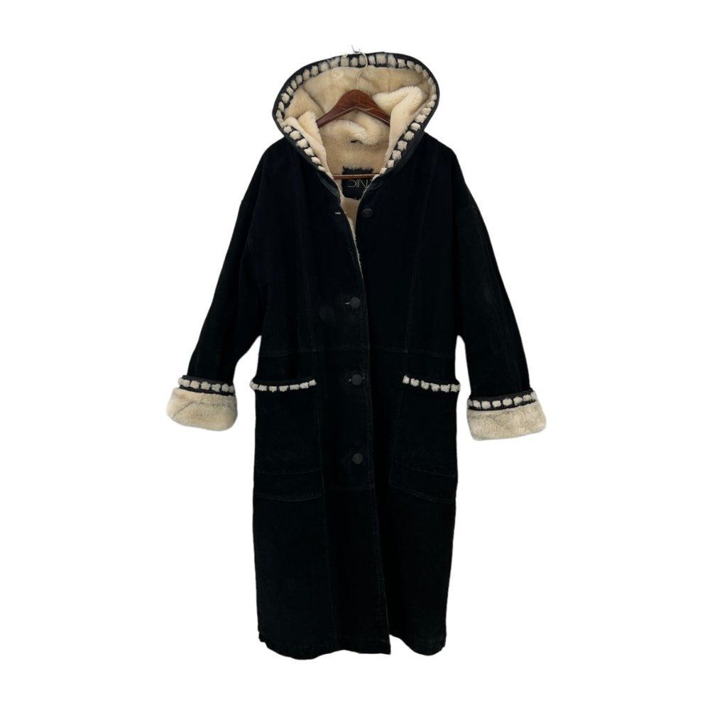 Vintage Sin by Morgan Cooper Black Suede Faux Fur Hooded Trench Coat Jacket L - Picture 3 of 16